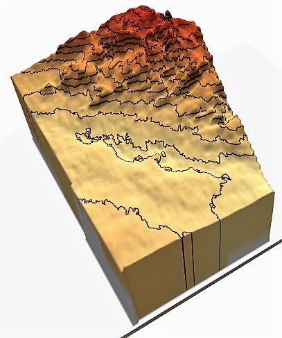 Modelo 3D rotado, con superposición de las curvas de nivel. Posee una rampa de colores que permite discriminar por alturas